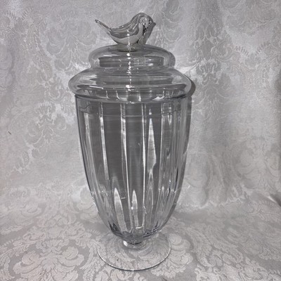 Rare 12'' Glass Apothecary Candy Jar Bird Topped Lid Provincial Farmhouse Decor