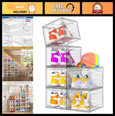 Clear Stackable Shoe Organizer - 7 Code Magnetic Door Storage Boxes, 6 Pack, Col