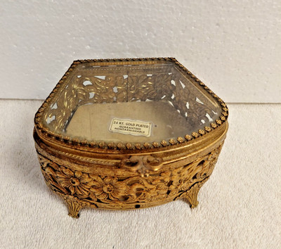 Vintage 24k Gold Plated Ormolu Beveled Glass Jewelry Velvet Trinket Box Casket