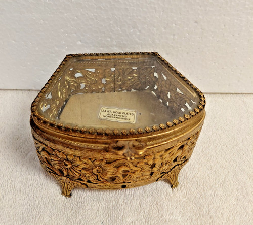 Vintage 24k Gold Plated Ormolu Beveled Glass Jewelry Velvet Trinket Box Casket