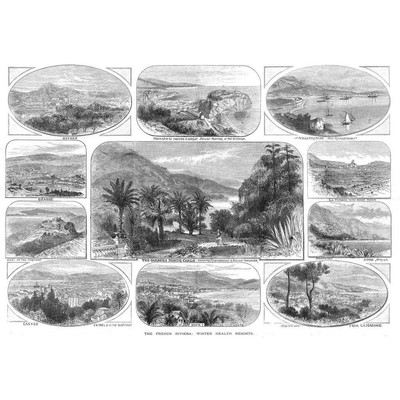 FRANZÖSISCHE RIVIERA Resorts; Monte Carlo, Monaco, Menton etc. - antiker Druck 1887