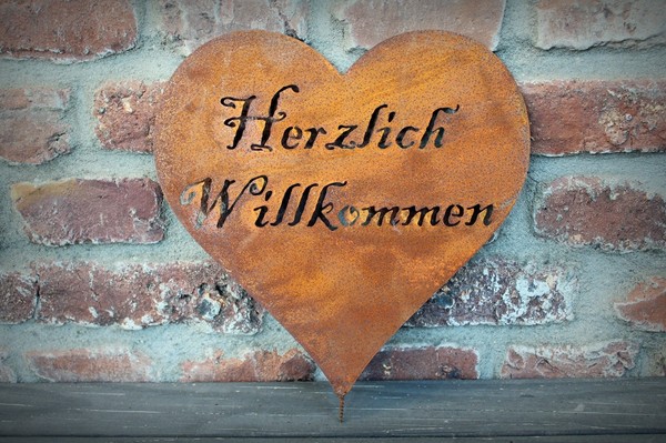 Gartenstecker Herz Edelrost Groß Gartendeko Landhausstil Willkommen Rostschild-image