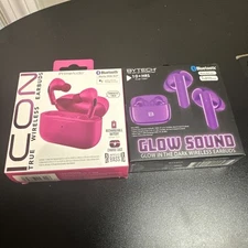 Lot Of 2 Prime Audio Icon Wireless Earbuds With Charging Case Pink + Purple New