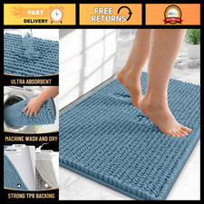 Thick Chenille Small Bathroom Rugs 24x16 - Soft Airy Blue Non-Slip Mats