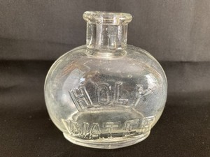 Antique Embossed Glass Holy Water Bottle 2.5" Cross & Crown Christianity
