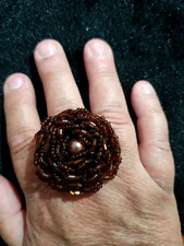 Floral tiny beaded stretch ring brown