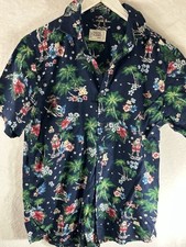 Free Planet Button Down Shirt Large Slim Fit Navy Blue Hawaiian Floral Santa Vtg
