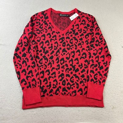 NY&C Sweater Womens Large Red Animal Cheetah Print Long Sleeves Pullover NWT