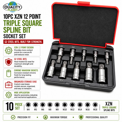 10Pc XZN 12 Point MM Triple Square Spline Bit Socket Set S2 Steel Bits