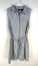 Tahari Cotton Stripe Sleeveless Dress Covered Buttons Elastic Waist Collared
