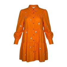 Floral Embroidered Tiered Babydoll Mini Dress Womens Small Orange Boho Whimsical