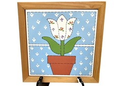 Trivet Tulip Wall Hanging Country Morning Vtg Ceramic & Wood Russ + Box Blue