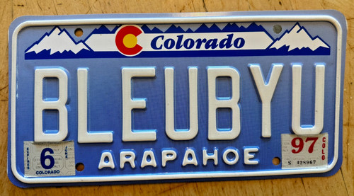COLORADO VANITY LICENSE PLATE " BLEUBYU " BLEW BY YOU SPEEDING FAST