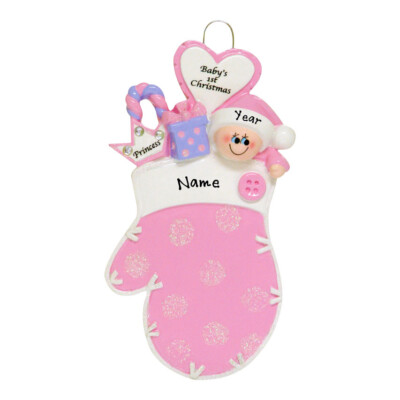 Personalized Baby's First Christmas Ornament   Baby Girl Pink Mitten Gift