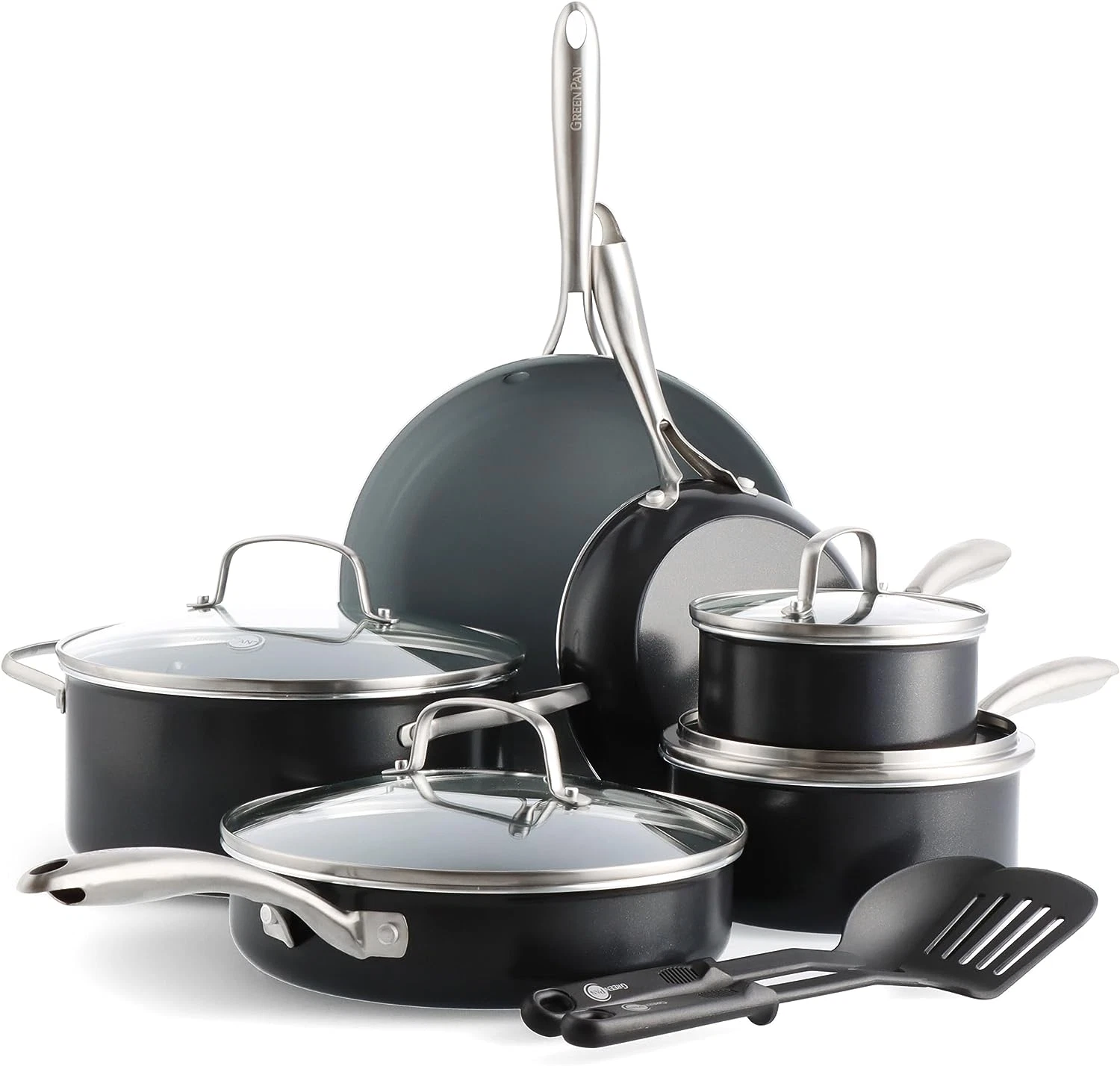 12-Piece Nonstick Ceramic Cookware Set, PFAS-Free, Gold Handles, Gray