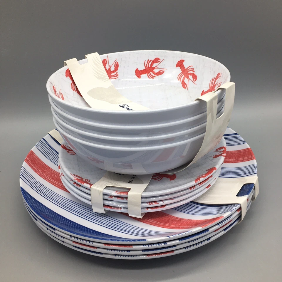 Conjunto de tigela de jantar 12 peças Tommy Bahama lagosta vermelha melamina prato salada listra azul - Imagem 4 de 4
