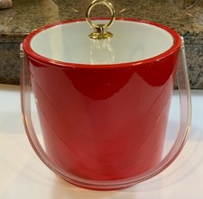 Red Ice Bucket Lucite Handle and Lid Vintage 70s Insulated Barware READ