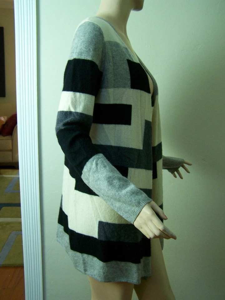 SUÉTER DE CACHEMIR SOLO MINE COLOR BLOCK NEGRO BLANCO GRIS LARGO FRENTE ABIERTO M ¡BONITO! Foto 3 de 4