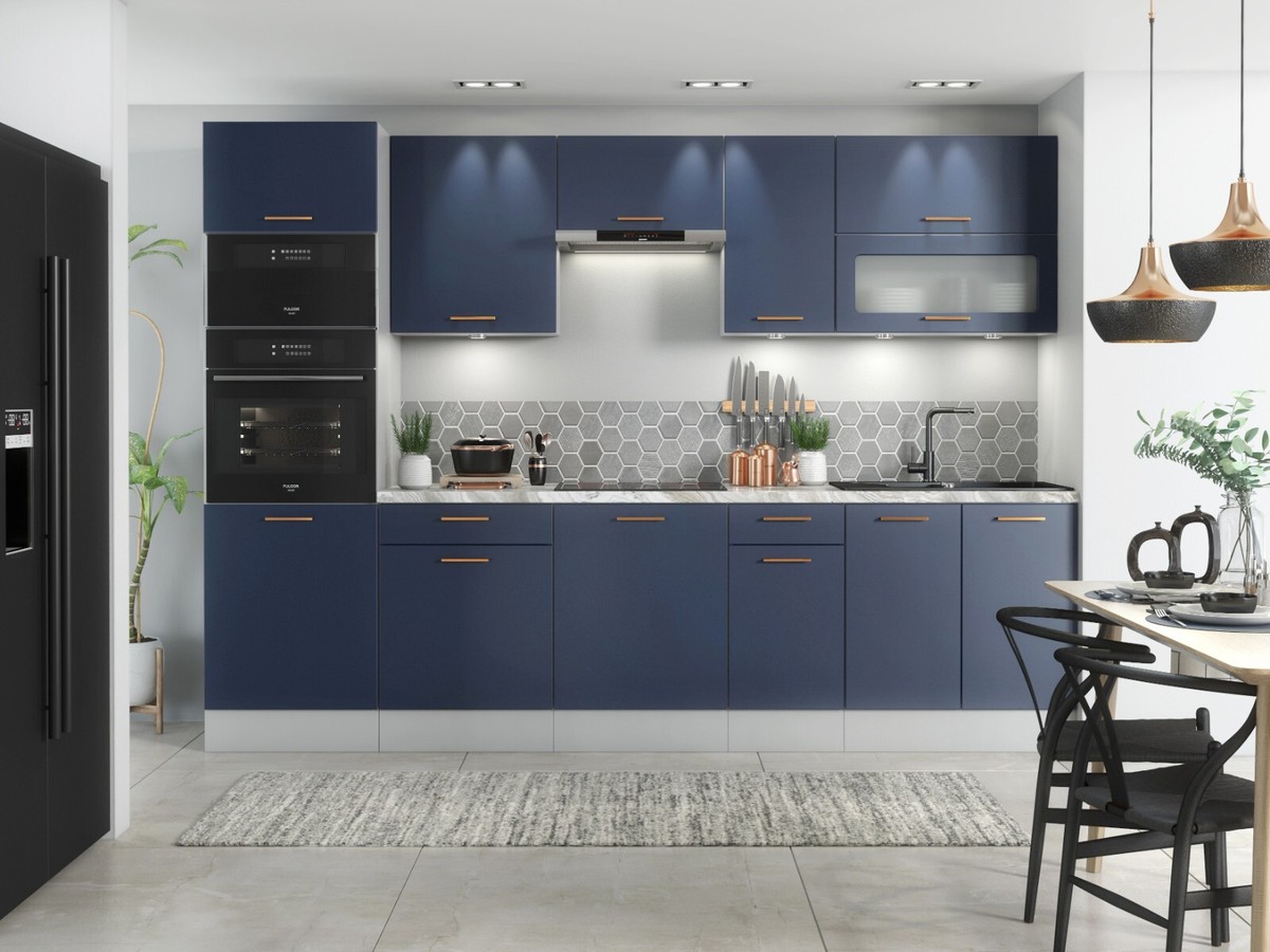 Kitchen Cabinet Set 300cm Navy Blue Base Wall Microwave Oven