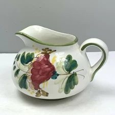 FTD Pitcher Vase Floral Hand Painted Italy Green Red White Short Fat Flower 