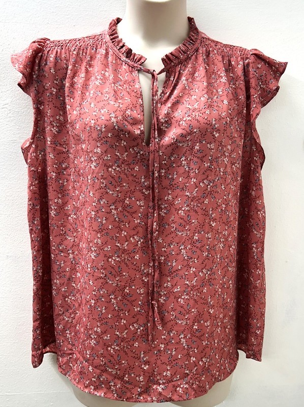 SWEET RAIN Ladies Size 2X Flutter Sleeve Dark Pink Floral Blouse Top Tie Front