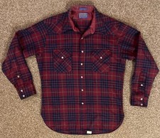 Vintage Pendleton Wool Western Snap-Button Shirt L Red Navy Plaid Made in USA