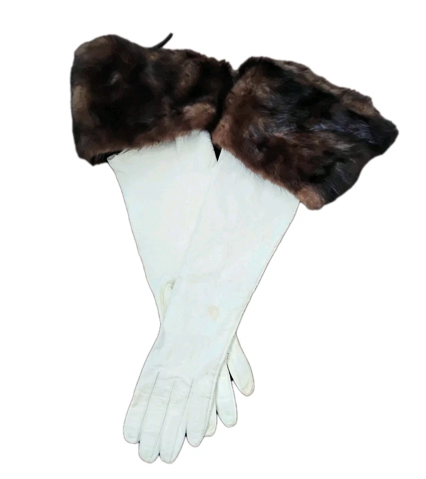 Guantes de cuero blancos para niños 17*. Brazalete visón marrón oscuro 5* 7,5 boda o formal Foto 2 de 4