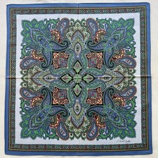 VTG Handkerchief Cotton Green Blue Paisley Damask Medallion Pocket Square 16" P