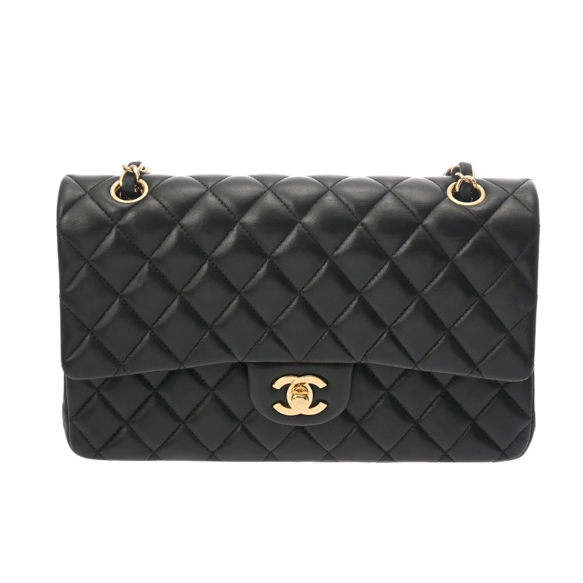 Chanel Matelasse W Flap 25Cm Black Lambskin Shoulder Bag A01112