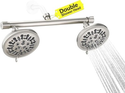 Double Shower Head with Built-in 2 Shut Off Valve, 8 Setting Rain Shower Head,
