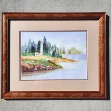 Original Signed Watercolor Painting Lighthouse Coastal Seascape Trees Matted Art