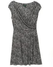 Ralph Lauren LRL Faux Wrap Dress Size 12 Black White Print Fit & Flare Career