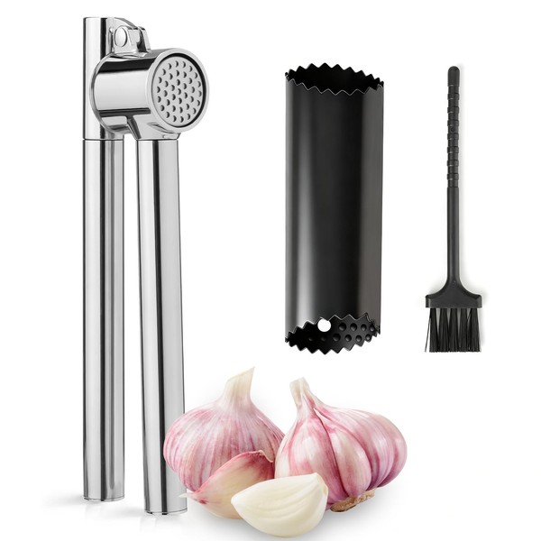 Knoblauchpresse Edelstahl Mit SchäLer Und BüRste, Vinato, KüChenhelfer-image
