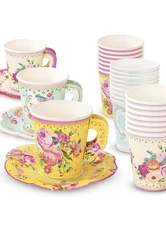 12x Vintage Paper Floral Disposable Tea Cups & Saucer Set, Afternoon Tea P...