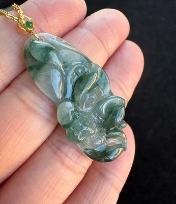 Highly Icy Floating Green Lotus Flower Jadeite Jade Pendant 18K Gold Buckle