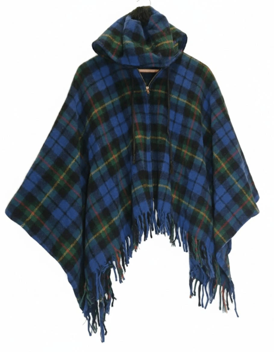 Vintage king of poncho cape womens xl wool hoodie full zip tartan plaid blue