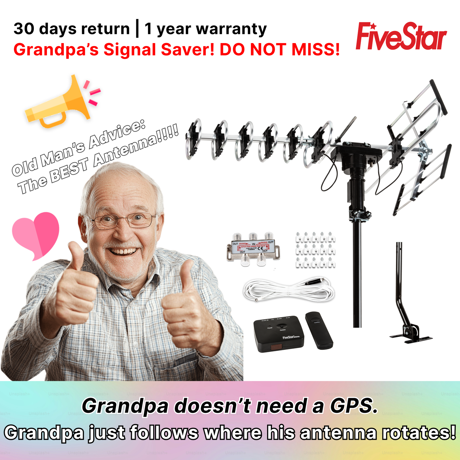 200 Miles Outdoor Amplified HDTV TV Antenna HD VHF/UHF + Pole + Kit + 40ft Cable