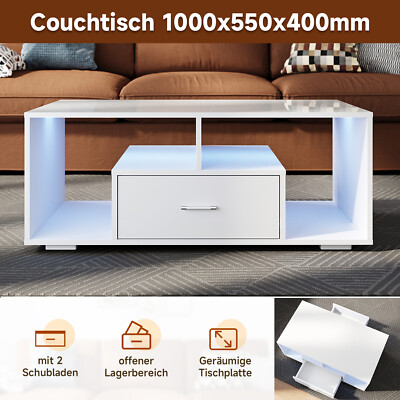 Kaffeetisch Wohnzimmertisch LED Couchtisch mit Stauraum Tisch Modern Weiß 100cm