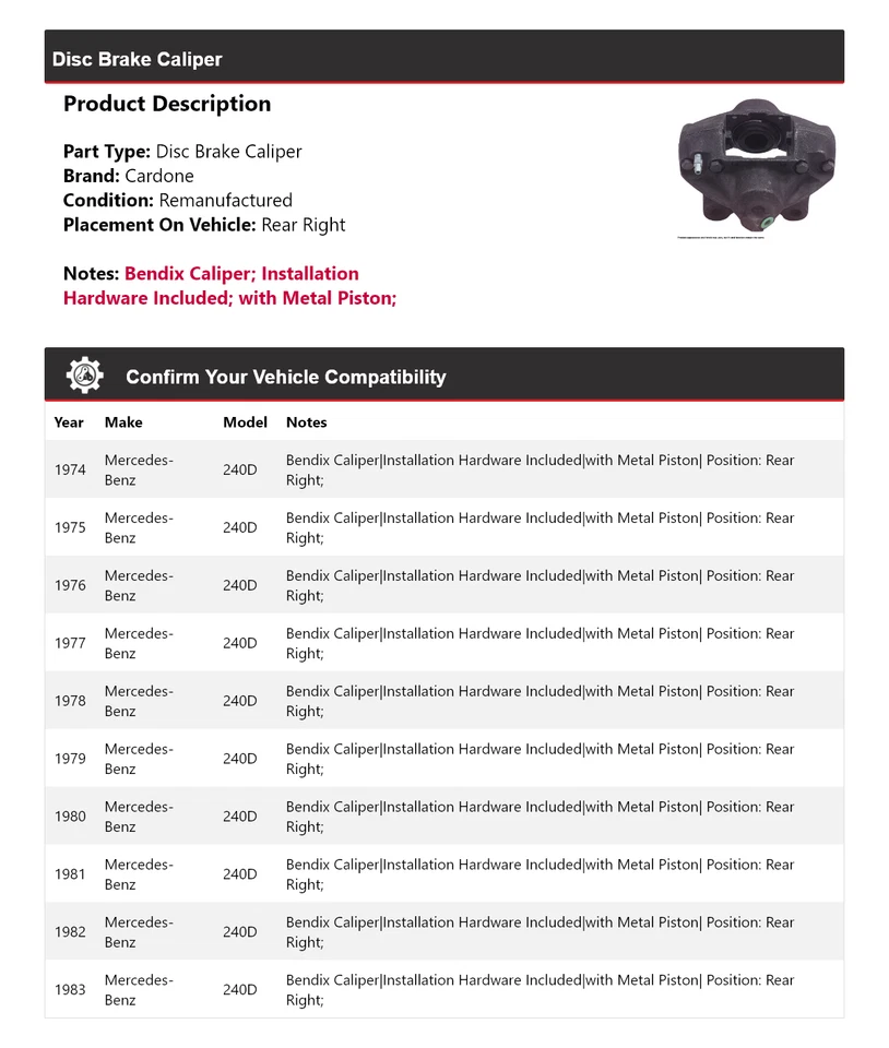 Pinça de freio a disco traseira direita Cardone 1975 1976 para 1974-1983 Mercedes-Benz 240D - Imagem 2 de 4