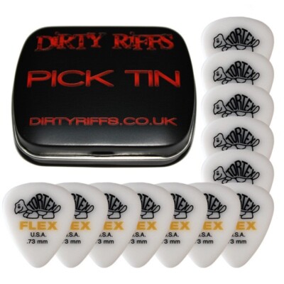 12 x Dunlop Tortex Flex Standard 0,73 mm Gitarren-Plektren Gitarrenplektren in einer Plektrum-Dose