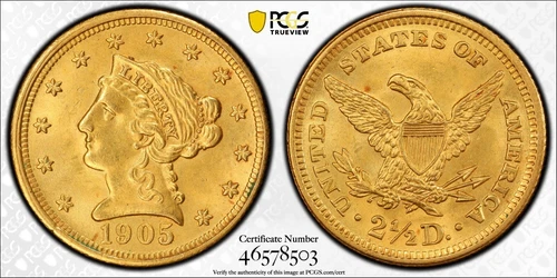 1905 GOLD $2.50 2 1/2 LIBERTY HEAD QUARTER EAGLE COIN MS65 PCGS Gold Shield 1297