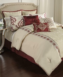 14pc Queen Comforter Set Gold Ivory Burgundy Red Embroidered