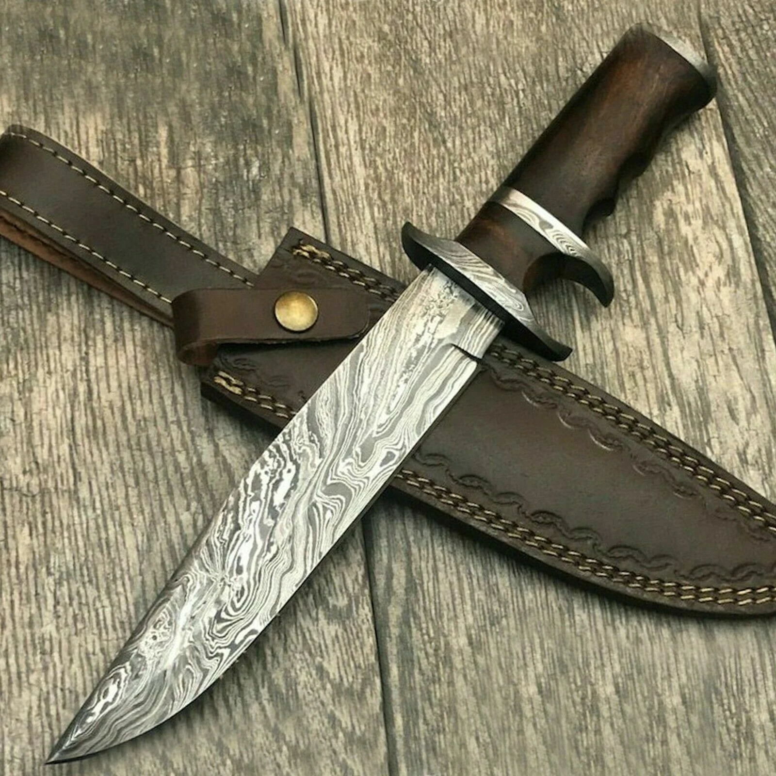 CUSTOM HANDMADE DAMASCUS BOWIE KNIFE FIXED BLADE HUNTING KNIFE mk