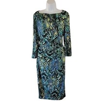 DAVID MEISTER Elegant Multicolor Snake Print Midi Dress Sz 2 Ruched Stretchy