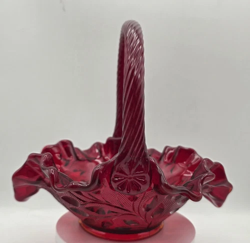 Vintage Fenton Ruby Red Glass Wildflower Lace Basket Cadmium Glow Ruffle
