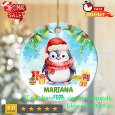 Personalized Penguin Christmas Ornament, Kids Christmas Ceramic Ornament, Kid...