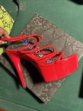 Red Platform Heel With Ankle Strap Size 10 W. Never Worn With Box.