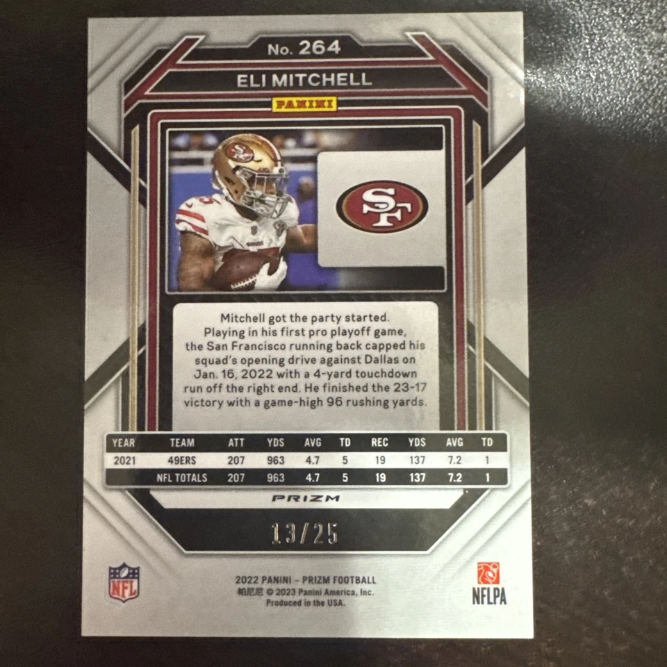 2022 Panini Prizm Blue Shimmer Prizm /25 Elijah Mitchell Eli Mitchell #264 - Image 2 of 2