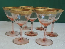 Vintage Tiffin-Franciscan Pink Set 7 Cocktail Rambler Rose 5" Optic Gold Stem