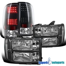 Fits 2007-2013 GMC Sierra Pickup Black Headlights+LED Tail Lamps Brake Lights